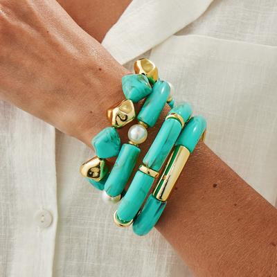 Bohemian Special-Shaped Imitation Turquoise Resin Bracelet, Ethnic Style Smudged Elbow Elastic Bracelet Female
