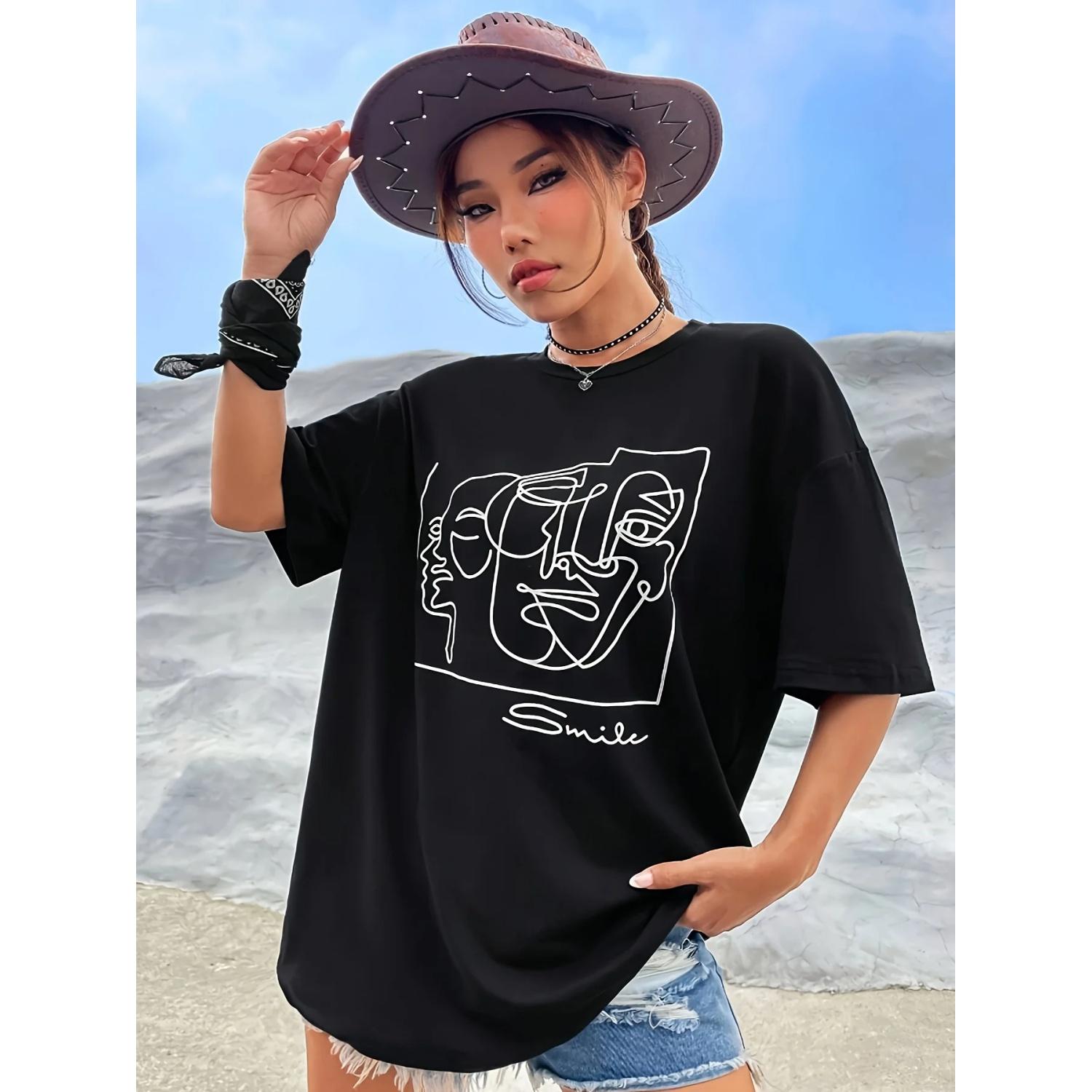 

Summer Fashion Cotton Tee Women Funny Simple Line Printed Cotton T-Shirts Unisex Short sleeve Comfortable Personality Loose Tops XXXXXL чорний