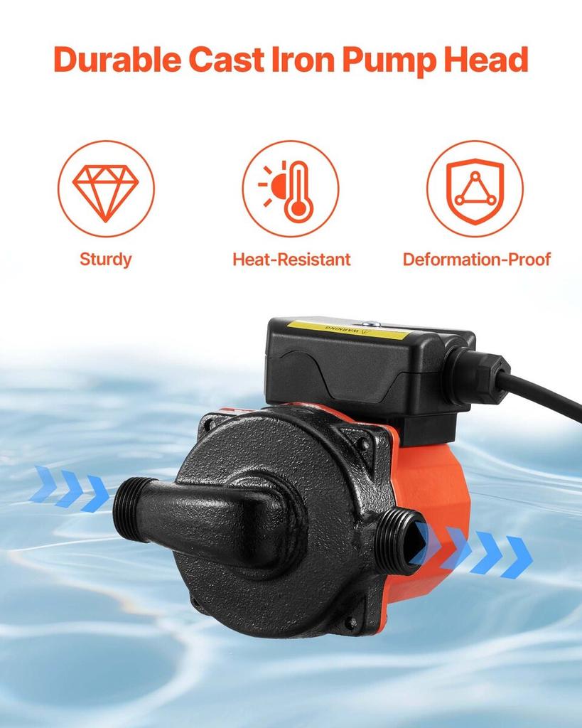 Hot Water Recirculating Pump, 38 LPM, Instant Circulation Circulator Pump System, 3-Speed Control, 100W, AC 220-240V, G3/4 In To G1/2 In Adapter, Cast