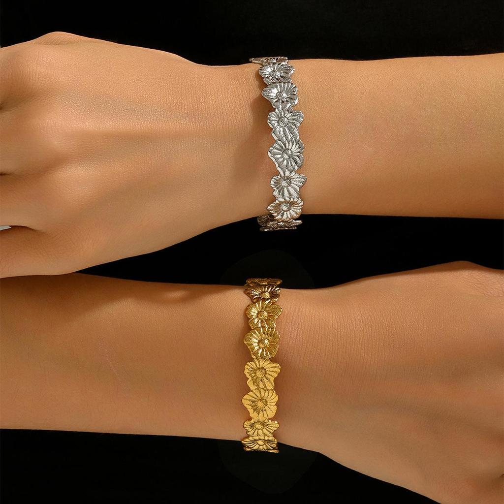 Vintage French Floral Open Flower Bracelet, 18K Gold Plated Stainless Steel Jewelry for Women