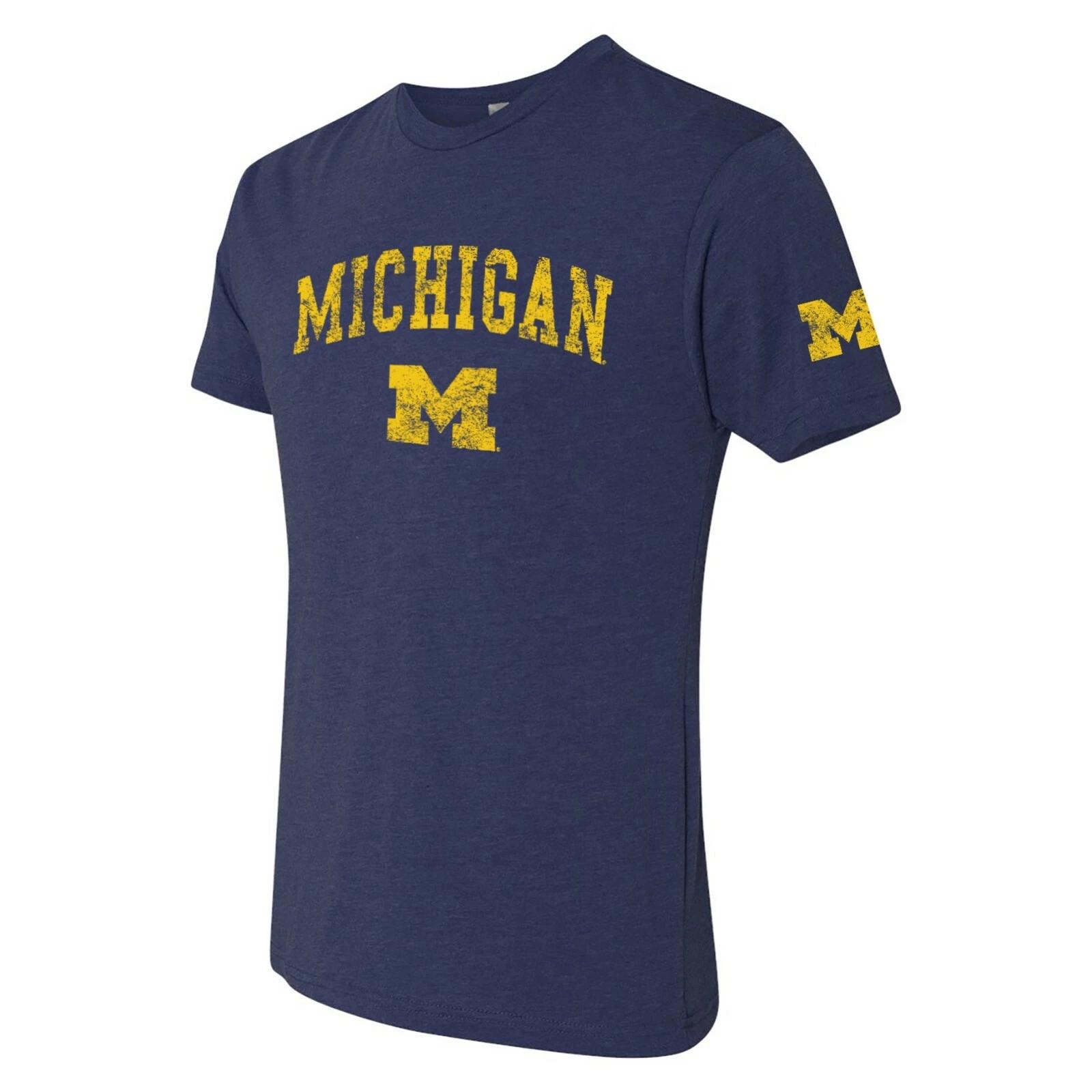Michigan Wolverines Distressed Arch Logo Triblend T Shirt - Vintage Navy XL