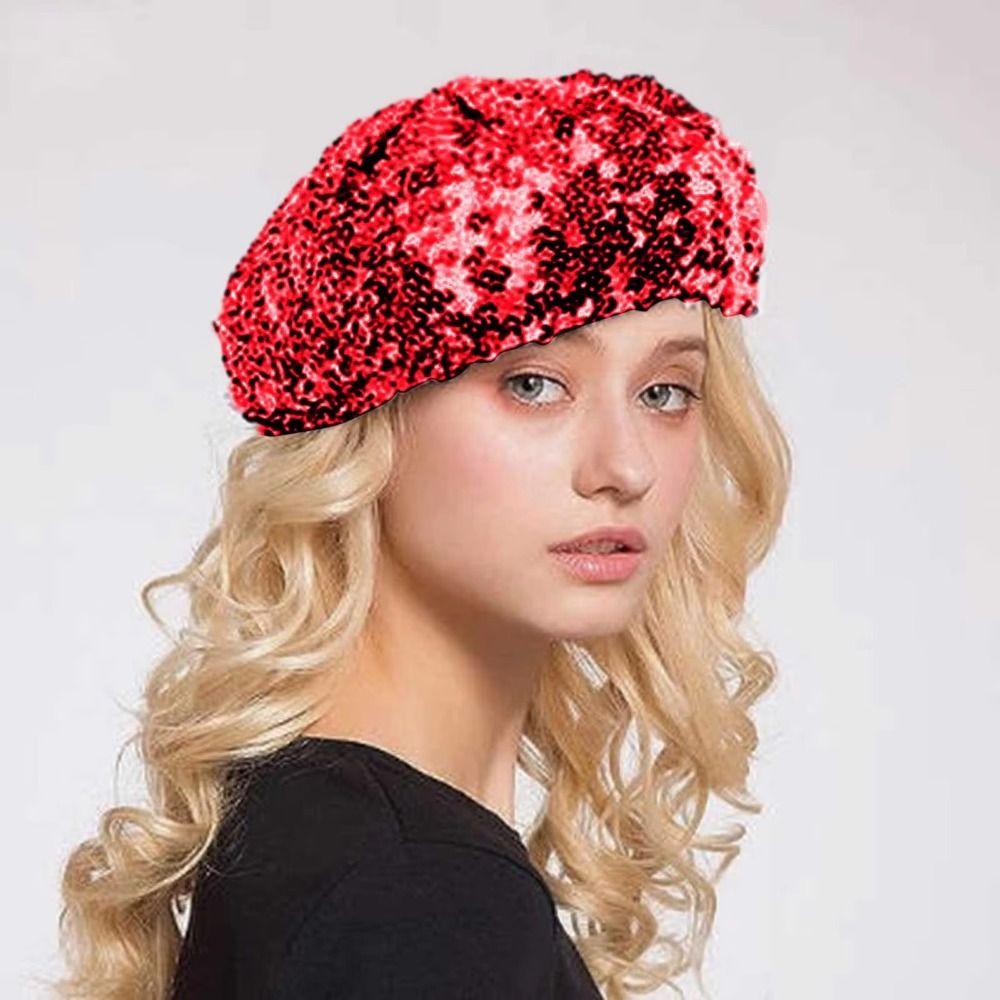 Solid Color Glitter Beanie Cap Retro Women's Sequin Beret Shiny Painter Hat  Music Festivals