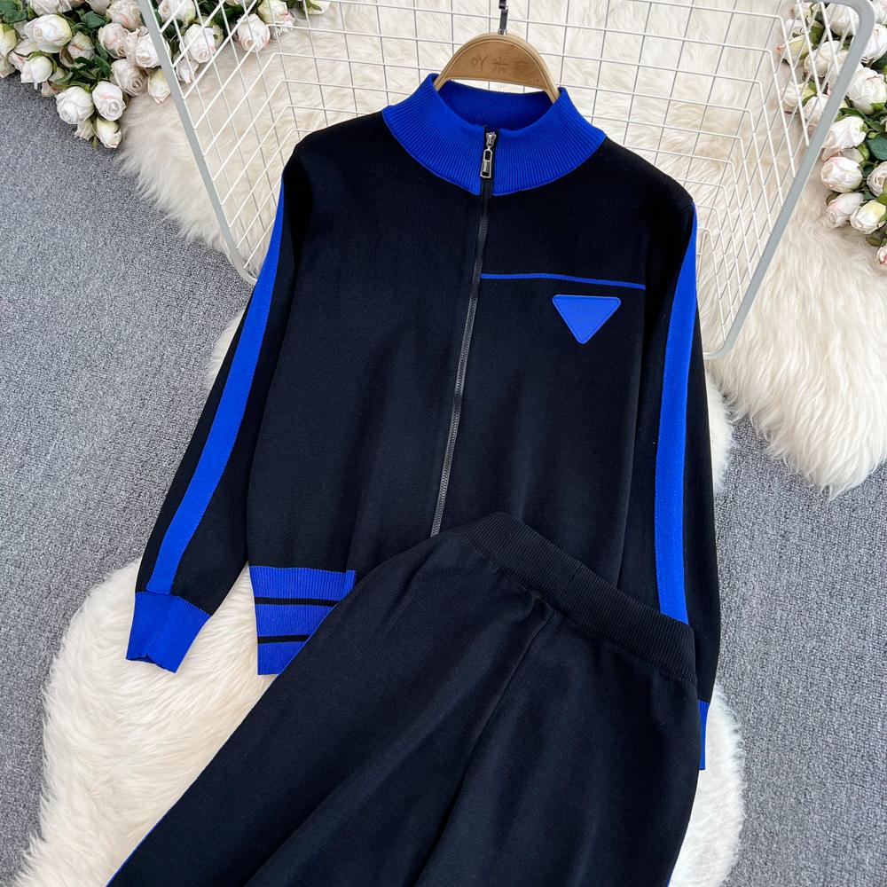 Herbst Winter Kontrast Farbe Gestrickte Pullover Trainingsanzug Volle Hülse Zipper Mantel Jacke und Knöchel-länge Hose Zwei Stück Set