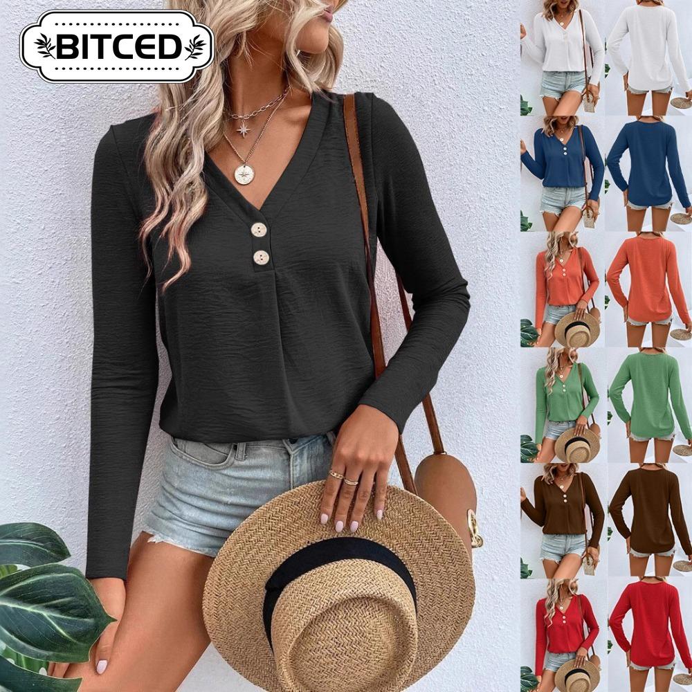 BITCED Women's Fashion Casual Solid Color Print Long Sleeve V Neck Blouses & Shirts