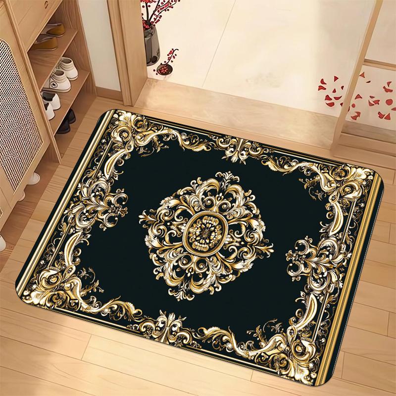 VIKAMA Baroque-Style Decorative Flannel Doormat Entrance Hall & Bathroom Mat Machine Washable Home Decor Rug