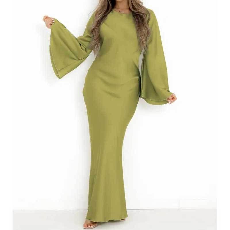 

2024 round Neck Neck Flared Sleeve Dress Solid round Neck Flare Sleeve Dress Green L