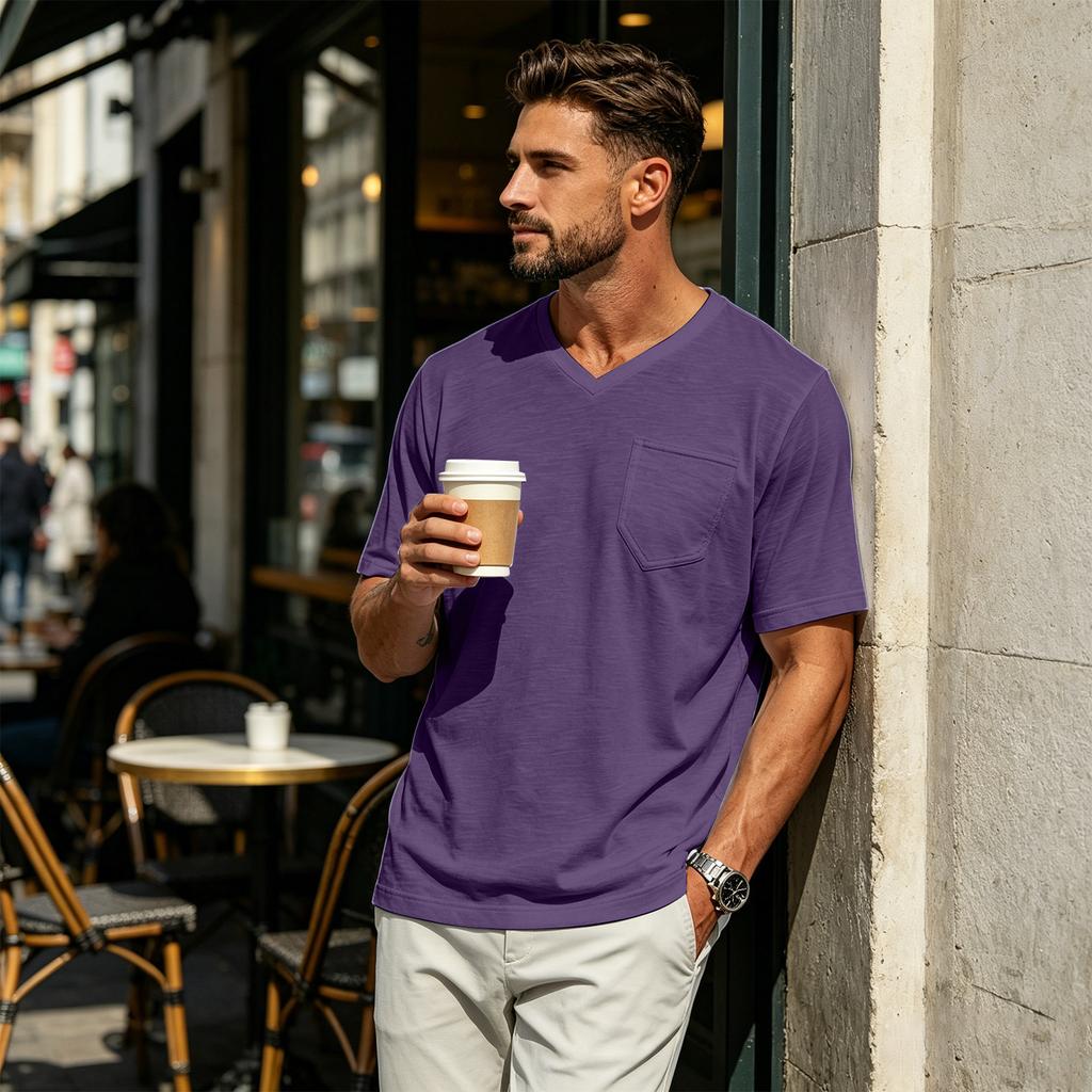 Herren Freizeit Hemd mit V-Ausschnitt, Leicht, Atmungsaktiv, Kurzen Ärmeln, Brusttasche, Weichem Stoff, Bequemer Passform, Sommer Top