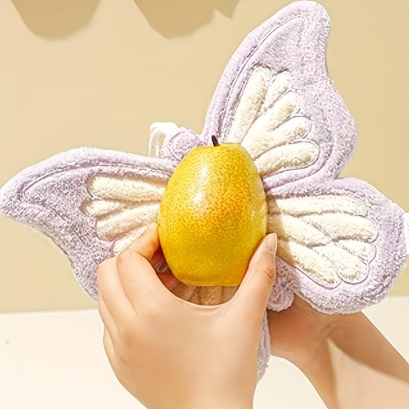 1pc Butterfly-Shaped Hanging Thick Coral Fleece Towel | Quick-Drying, Skin-Friendly, Fine Texture, Ideal for Kitchen and Bathroom Use