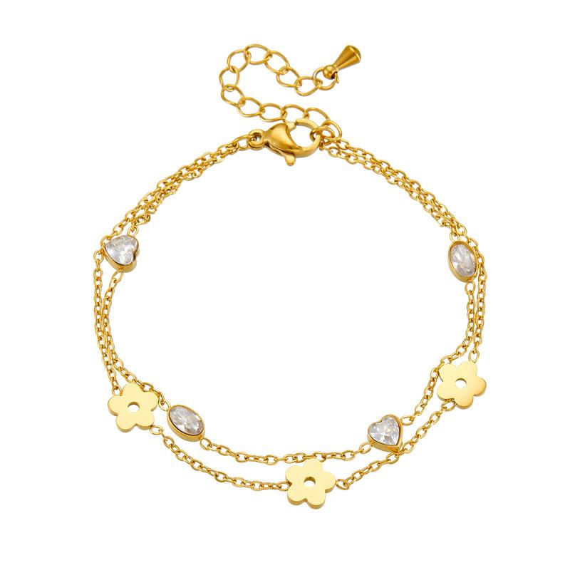 Gold Plated Flower and Heart Cubic Zirconia Double Layer Chain Bracelet for Women Stainless Steel