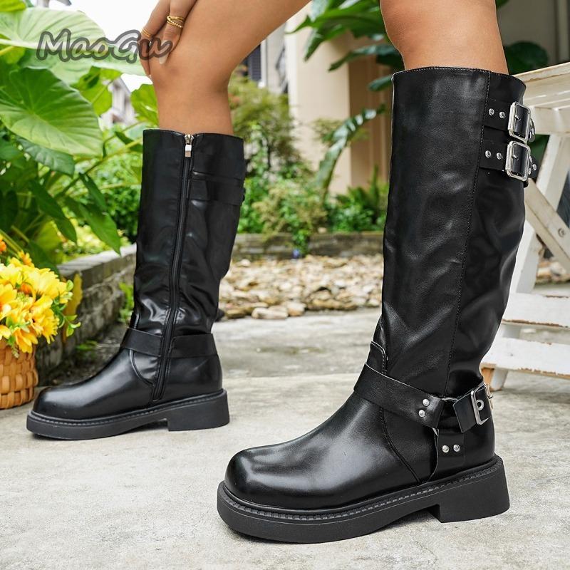 Fashion 2025 Autumn British Style Knight Boots for Women Belt Buckle Side Zipper High Top Boots Soft Black PU Long Bottes Femmes Size 36