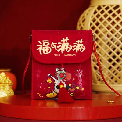 Traditional Chinese New Year Red Envelope Brocade Embroidered Hongbao God of Wealth Red Pocket with Rope Blessing