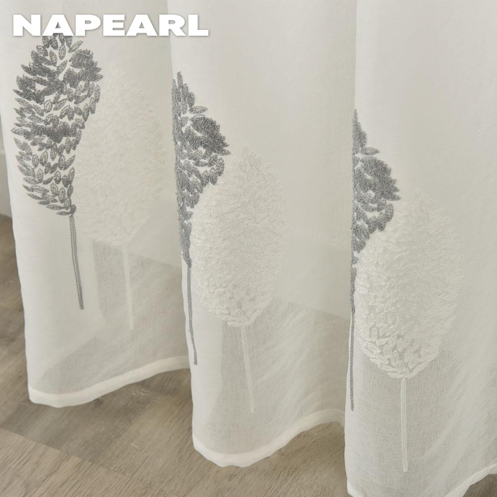 1PC NAPEARL 10%-20% Shading White Transparent Floral Embroidered Grey Leaves Tulle Sheer Voile Curtain for Living Room Bedroom