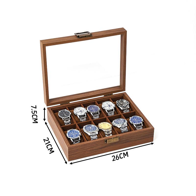 Walnut Wood Grain Watch and Jewelry Display Box with Glass Top
