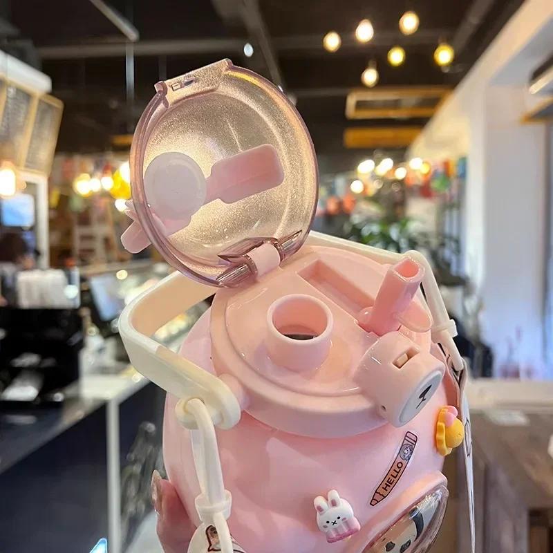1000ml Bear Kawaii Water Bottle with Straw and Strap, Cute Water Bottles for Kids, Portable Leakproof BPA-free Drinking Cups