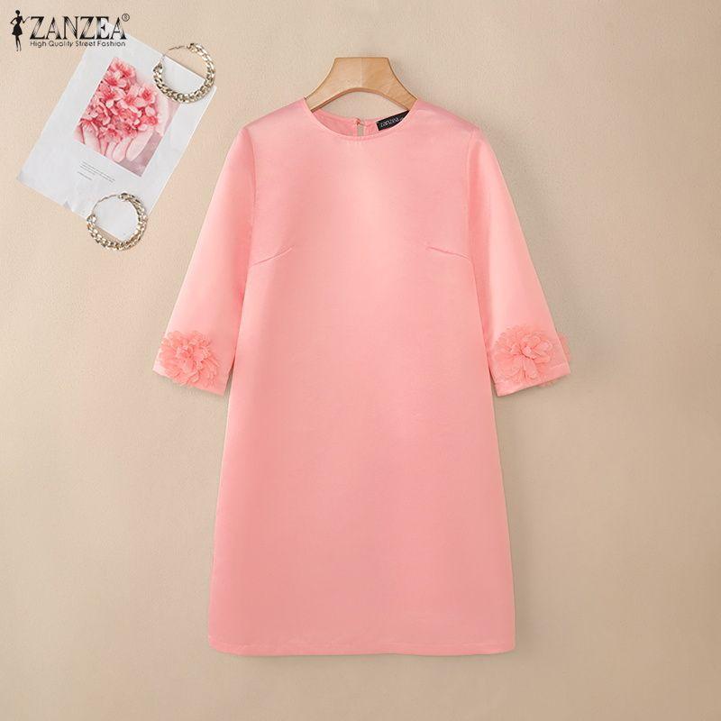 ZANZEA Women Casual Round Neck Solid Color 3/4 Sleeve Elegant Dress