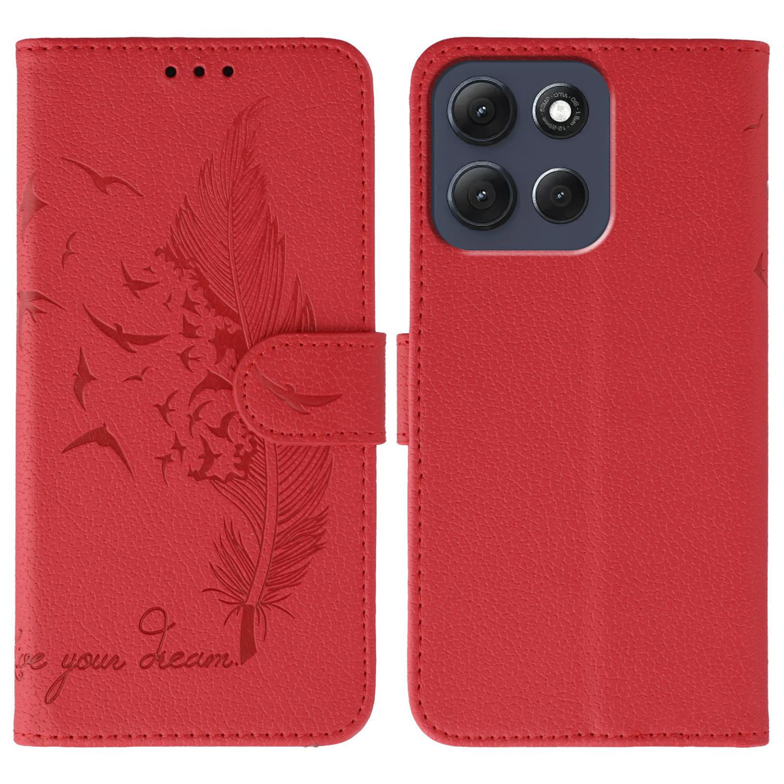 

For Motorola Moto G86 5G Case Feather Imprint PU Leather Wallet Phone Cover Red