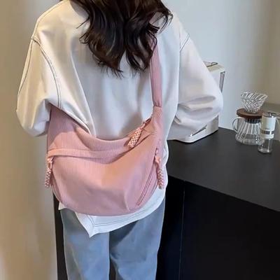 Corduroy Shoulder Bag Solid Color Women Crossbody Bag with Pockets Crescent Bag Large Capacity Daily Underarm Bag for Travel