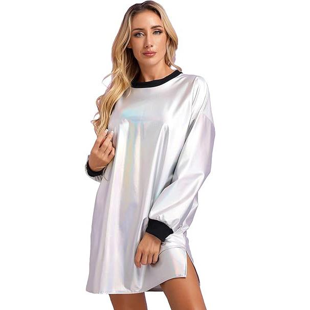 

Женское блестящее металлическое вечернее платье с длинным рукавом и круглым вырезом, футболка, клубная одежда 2XL разноцветный/серебряный