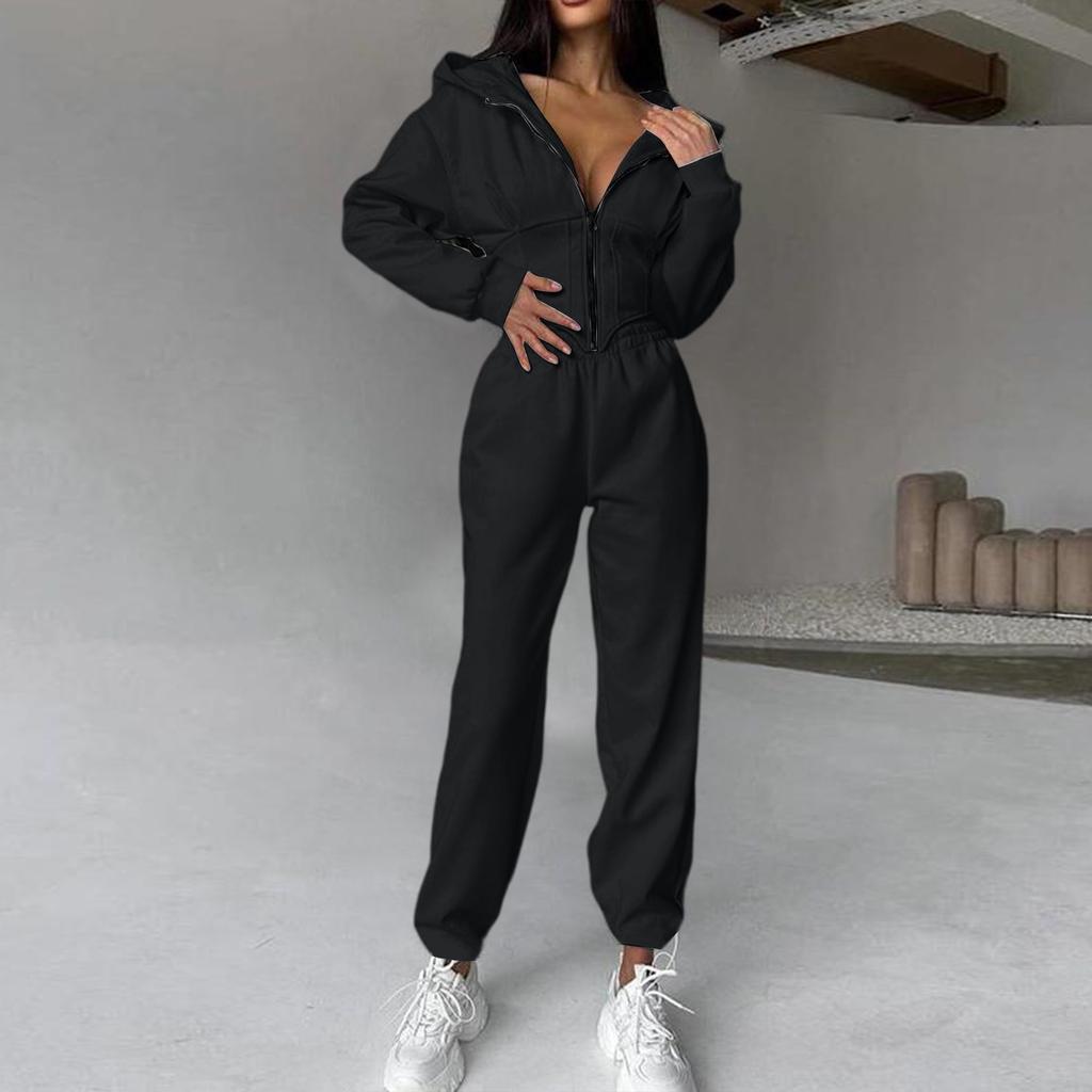 Women's Color Waist-cinching Hooded Sweatshirt And Pants Set, Sporty Casual Two-Piece Set