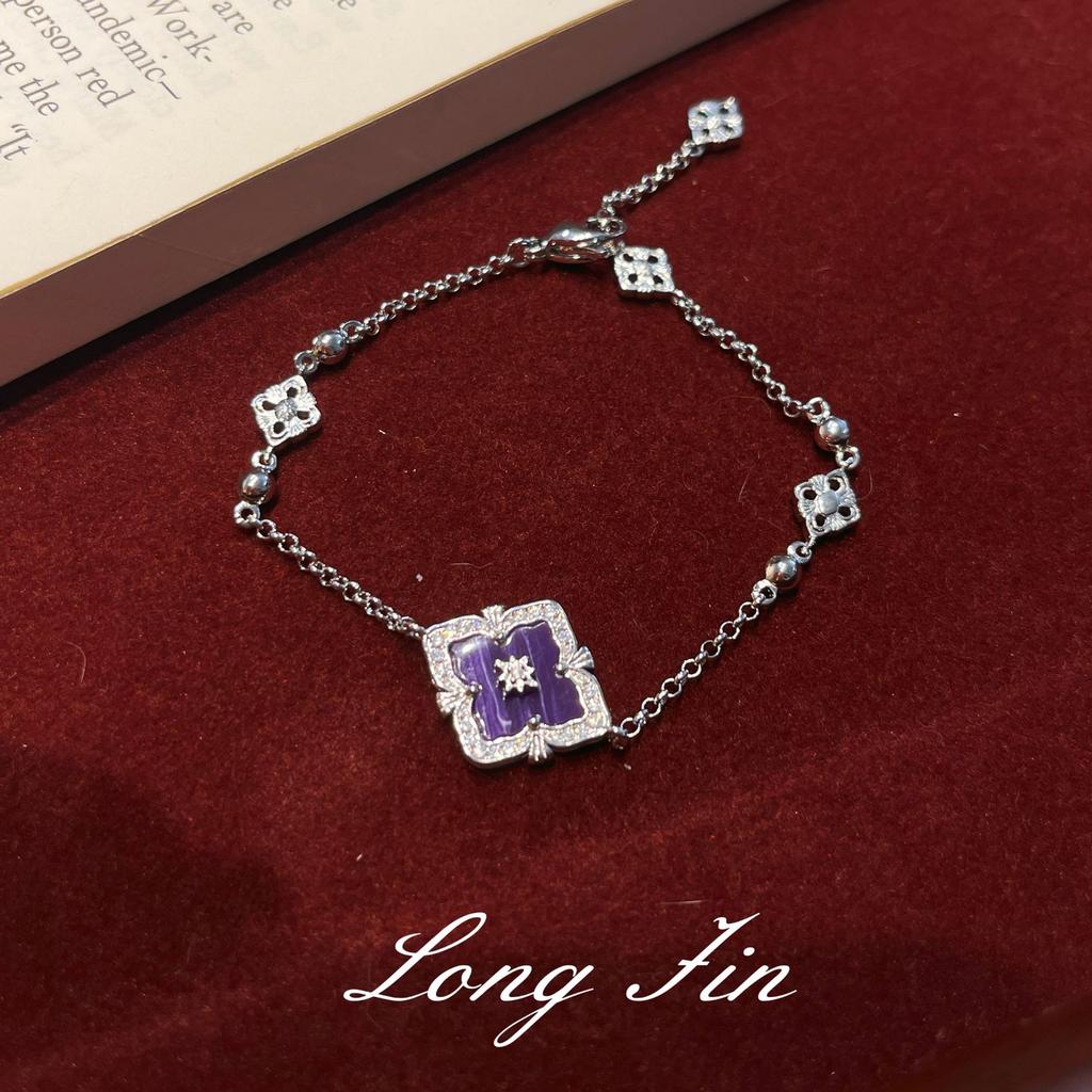 French Retro Four-Leaf Clover Window Grilles, Purple Dragon Crystal Jewelry Set, Necklace, Bracelet, Earrings, And A Ring.