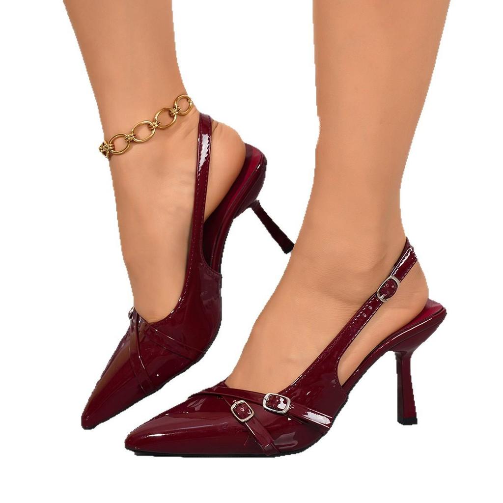 Fashionable Pointed Toe Shallow Mouth High-heeled Shoes Summer Elegant Buckle Decorated Stiletto Black Women's Shoes