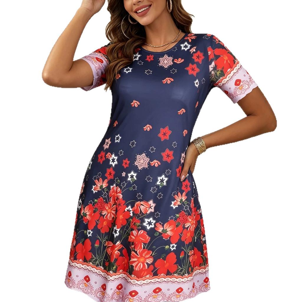 Spring and summer European and American women's clothing new full body ethnic style plant flower printing short sleeve crew neck dress women