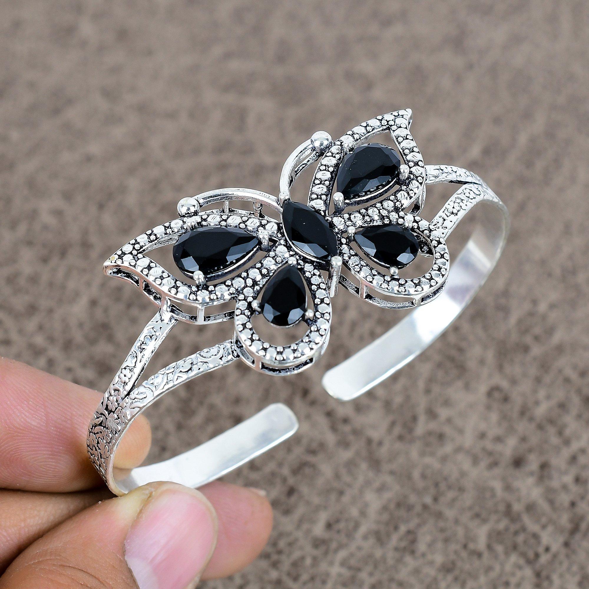 

Black Spinel Gemstone Handmade 925 Sterling Silver Cuff Bangle Adjustable KKG-109