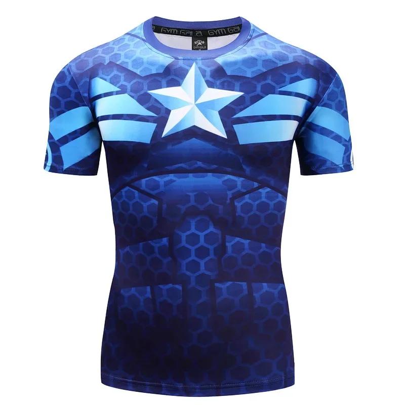 Men's 3D Printed Superhero Captain America Sports Short-Sleeved T-Shirt Quick-Dry Compression Running Sports Shirt Summer