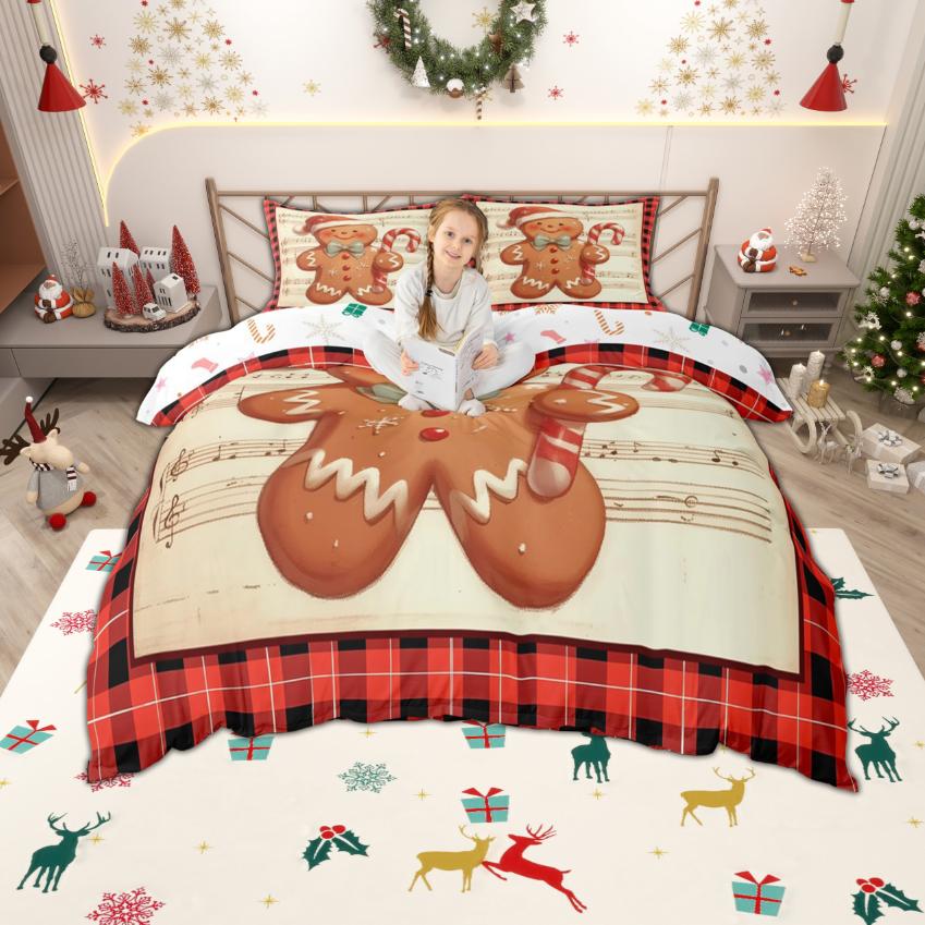 Homewish Kawaii Gingerbread Duvet Cover Set for Kids, Girls Christmas Gifts Bedding Set, Merry Xmas Bed Set, Room Decor