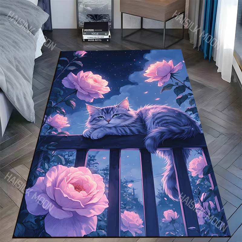 

1PC Moonlit roses fence relaxed cat Carpet for Living Room Bedroom Sofa Home Decor Rus Non-slip Floor Mat Luxury Gift 40x60cm