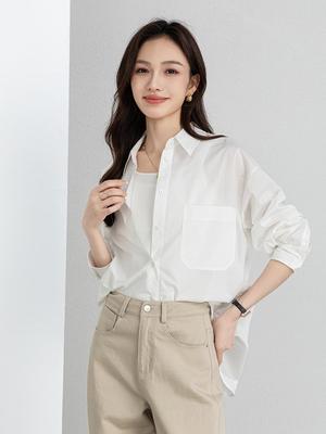 Yi Fei Spring 2026 White Cotton Formal Shirt: Business Commuting Lapel, Long Sleeve, Waist-Cinching, Loose Fit