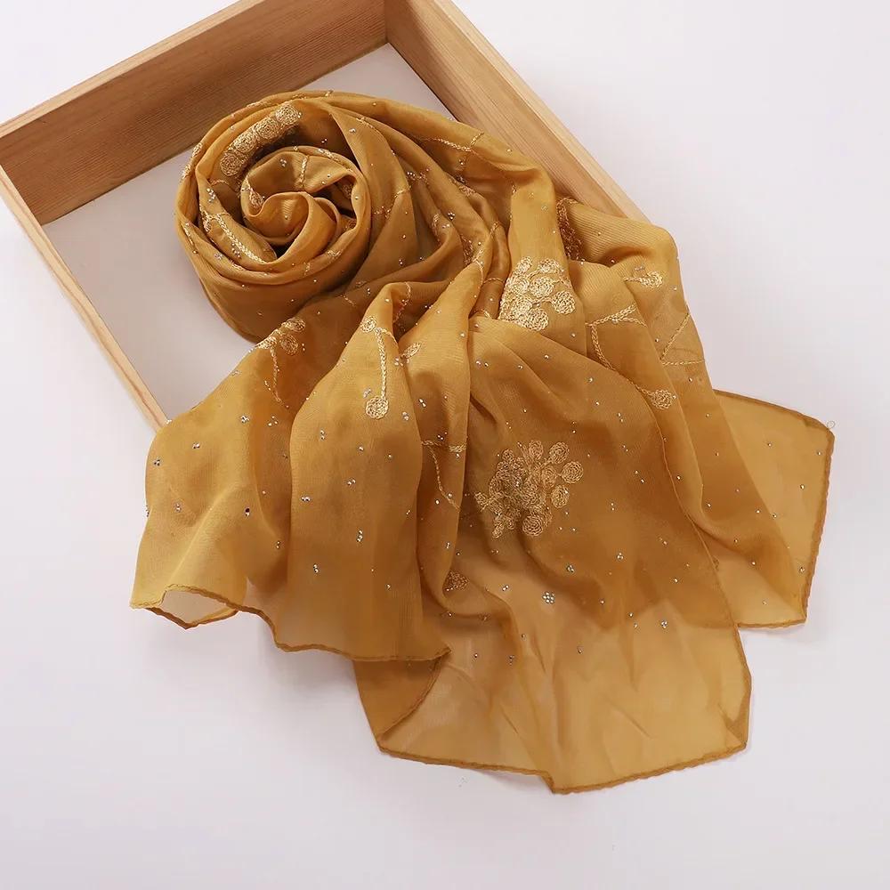 New Embroidered Diamond Chiffon Hijab Scarf Women Luxury Soft Plain Shawl For Women Muslim Hijabs For Women Turban Femme Bandana