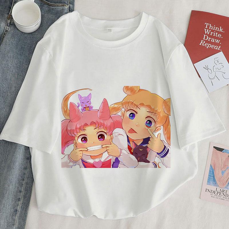 Camiseta con estampado Kawaii de Anime japonés para mujer, remera Harajuku de estética blanca y rosa, camiseta para mujer 2022
