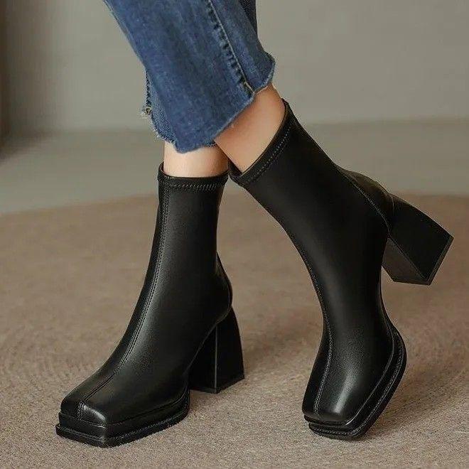 Women's Soft Leather Elastic Ankle Chunky Heel Boots - Autumn/Winter 2025, Square Toe, Plush, Platform Martin Style.