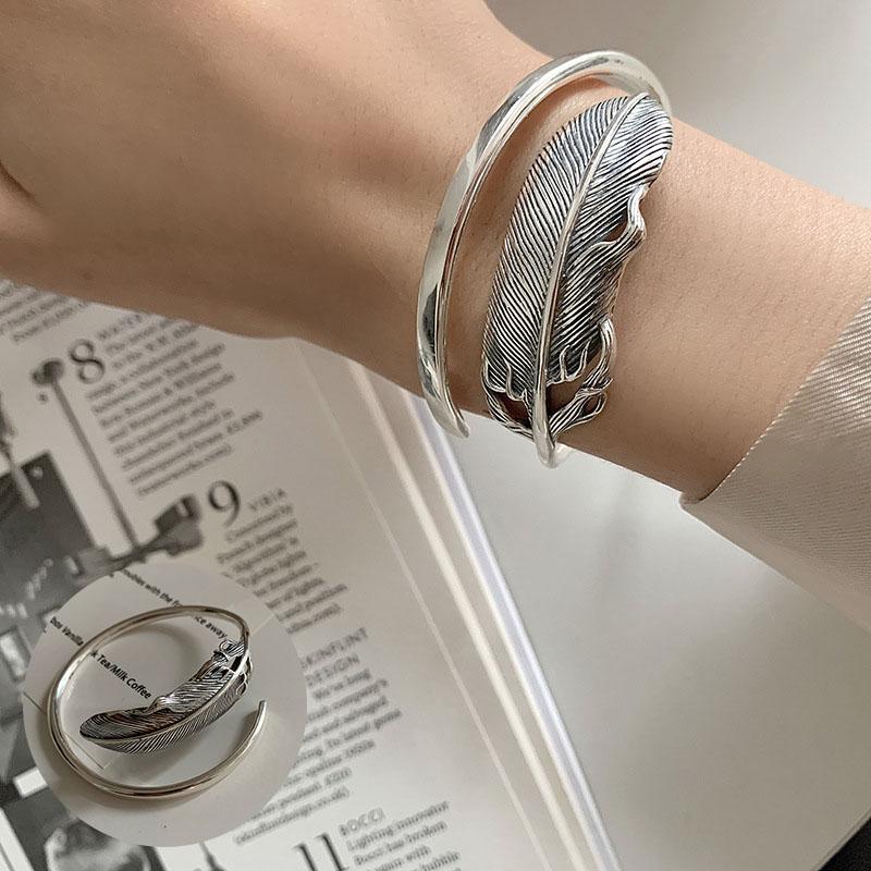 PANJBJ 925 Sterling Silver Feather Adjustable Couple Bangle Gothic Punk Design Women Jewelry Gift Lucky Bracelet Dropshipping