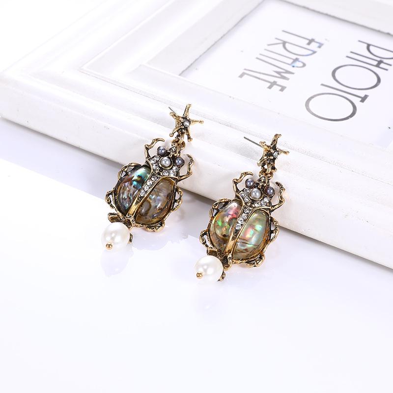 Retro Baroque Beetle Pearl and Diamond Animal Earrings