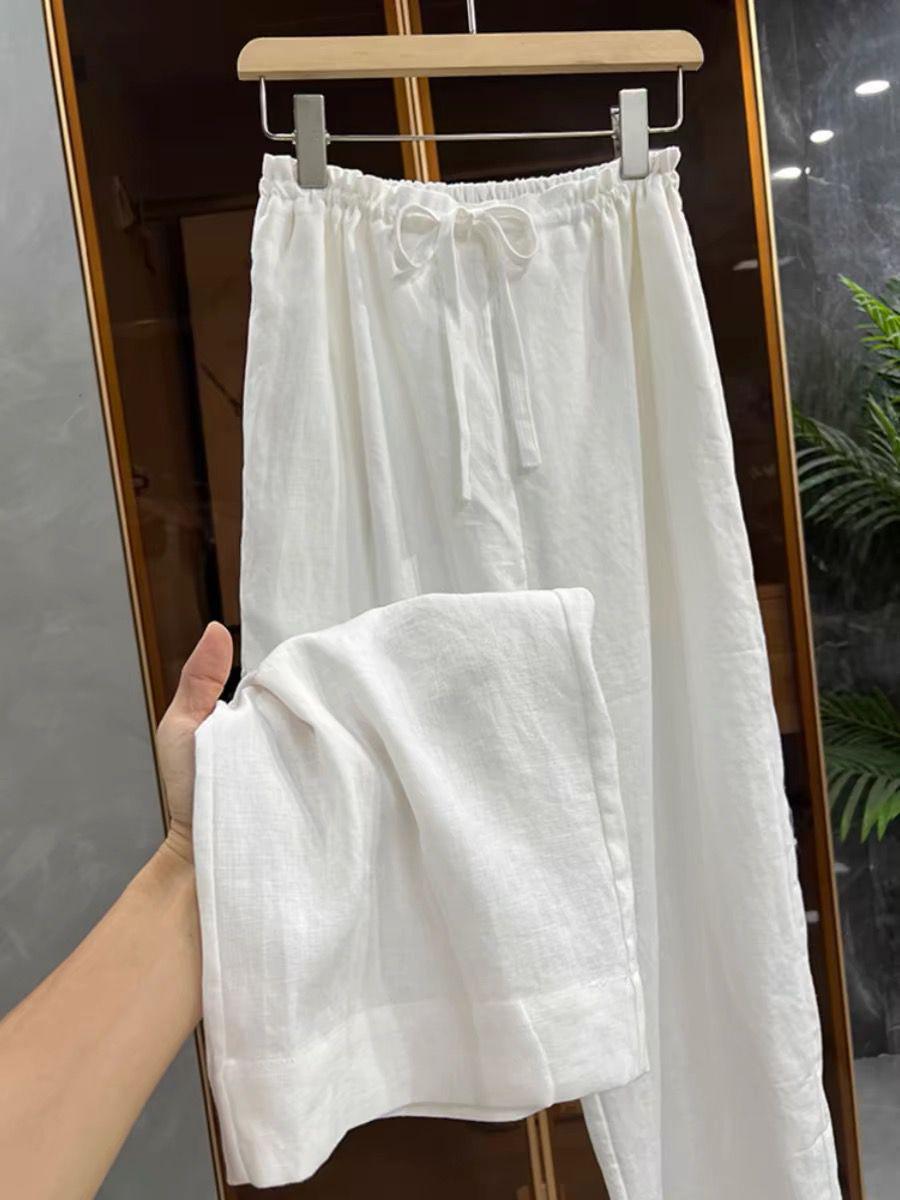 

Cowhide-Style Women s Natural Linen White Trousers: Loose Wide-Leg, Elastic Drawstring Waist. Large (L) льняной/естественный