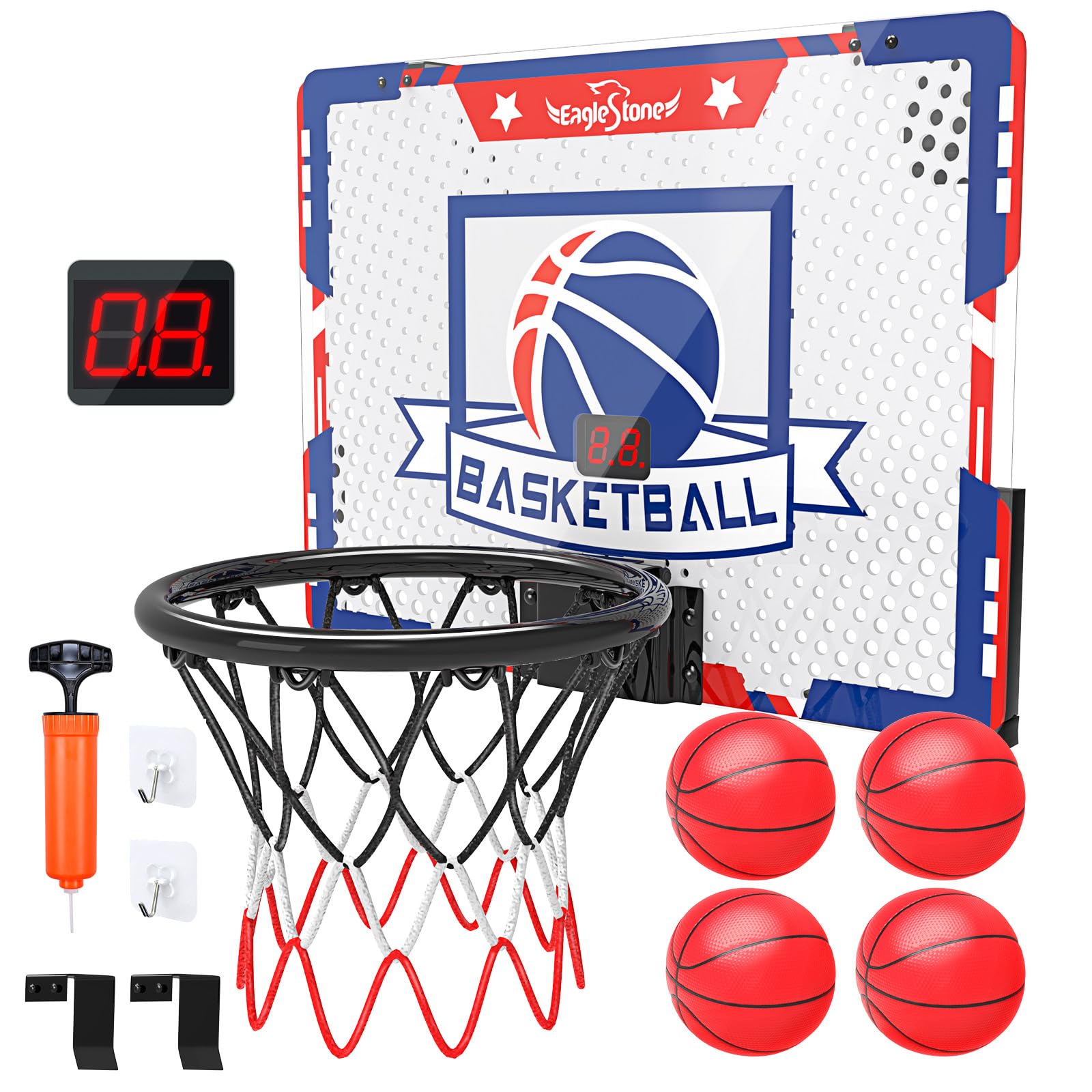 

Баскетбольное кольцо EagleStone, Спортивная игрушка с автоматическим подсчетом очков и звуковыми эффектами, Крепится на дверь или стену, В комплекте 4 мяча, Клейкие крючки,