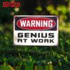 Vintage Metal Tin Sign Warning Genius At Work Retro Wall Decor