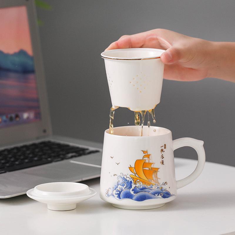 Guochao Style Ceramic Teacup with Filter - Chinese Tea & Water Separation, Customizable Logo for Office Gift