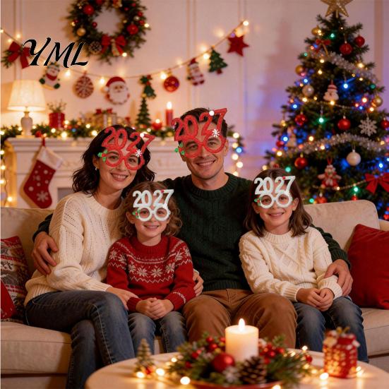 Colorful Festive Glasses for Parties 2 Pcs 2027 New Year Eyeglasses, Plastic Glitter Number Glass Frame, Happy Party Decorations Shiny Unisex Headband