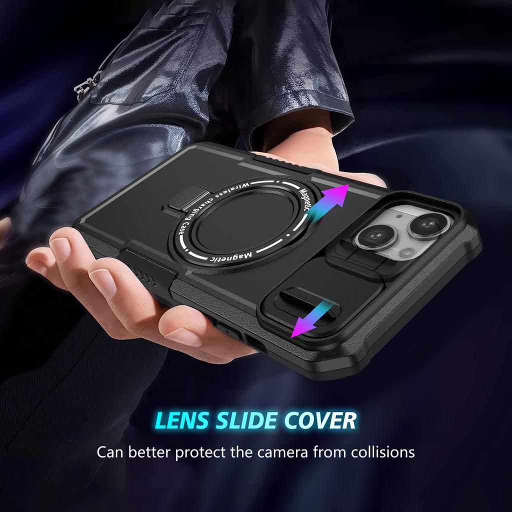 PC+TPU Phone Case for iPhone 15 Compatible with MagSafe Kickstand Cover with Sliding Lens Guard