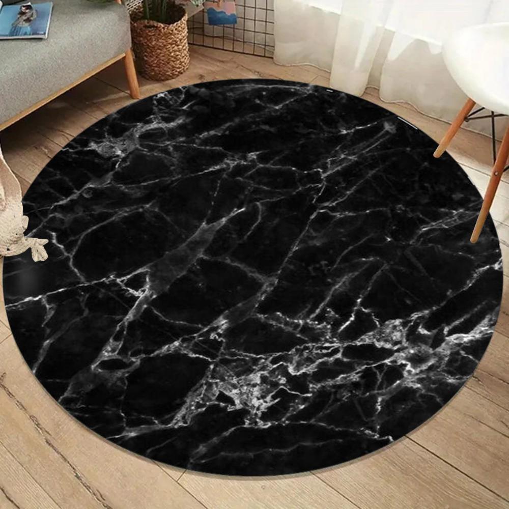 Premium Black Gold Veined Marble Round Rug Glittery Sparkle Carpet Non-Slip Large Area Rug for Living Room Bedroom Decoration