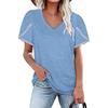 Summer New Women's Solid V-neck Lace Short Sleeve Loose T-shirt Top, Casual Fashion for Women