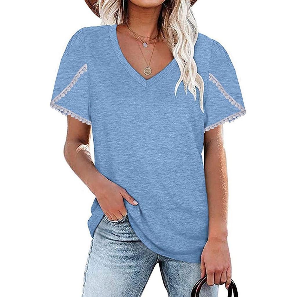 Summer New Women's Solid V-neck Lace Short Sleeve Loose T-shirt Top, Casual Fashion for Women