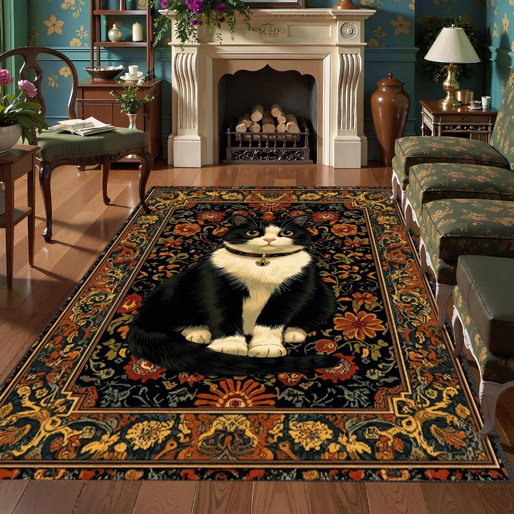 Vintage Floral Cat Printed Carpet Bohemian Style Border Door Mat Living Room Bedroom Decoration Rug