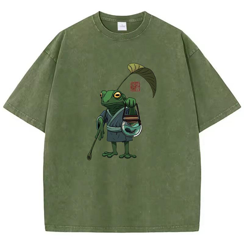 T-shirt Vintage Płukana Bawełna Styl Japoński Żaba Grafika Anime T-shirt Casual Streetwear Wiosna Lato