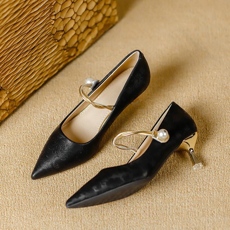 Satin Retro Versatile Women's Shoes Spring and Autumn New Style New Chinese Style High Heels Pointed Toe Strappy Single Shoes