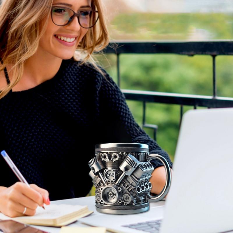 1pcs Creative V8/V6 Engine Design Resin And Stainless Steel Cup Double Insulation Reusable Coffee Mug Home Decor Supplies