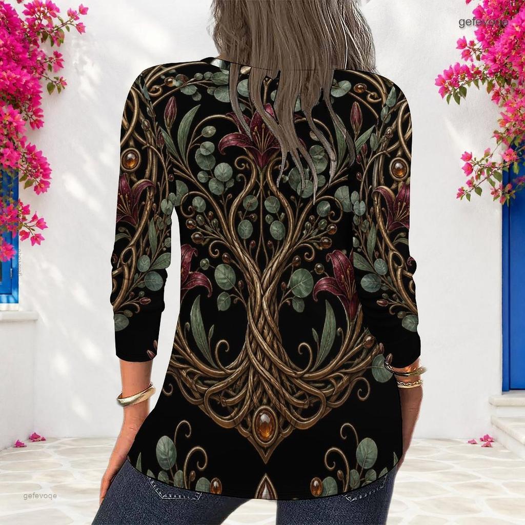 Plus Size Women Long Sleeve Shirt Abstract Glitter Gold Green Swirl Print Crew Neck Casual Loose Pullover Blouse